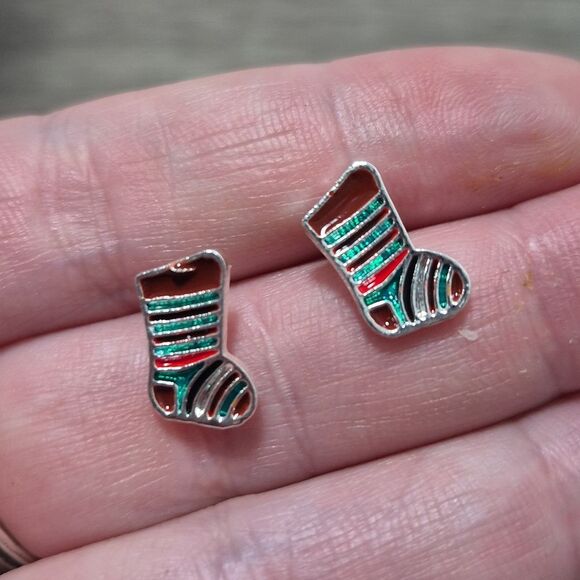 Striped Christmas Stocking Stud Earrings | Enamel Teal, Red Stripes - Picture 1 of 7